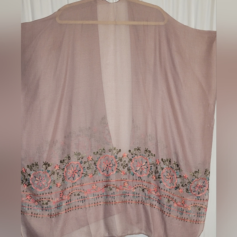 Embroidered Mauve Sheer Kimono Cover-Up with Floral Trim